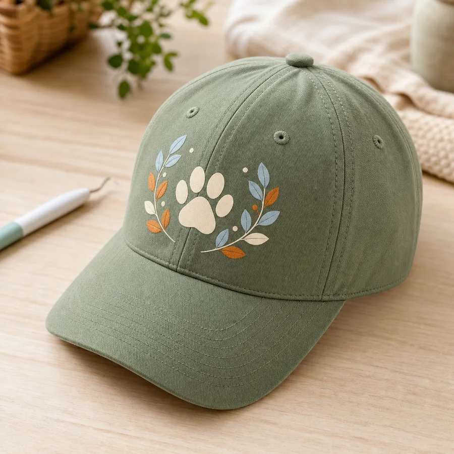 Casquette verte personnalisée avec une patte et des feuilles