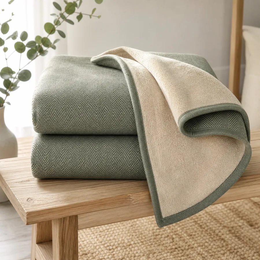 Grande couverture adulte verte et crème pliée