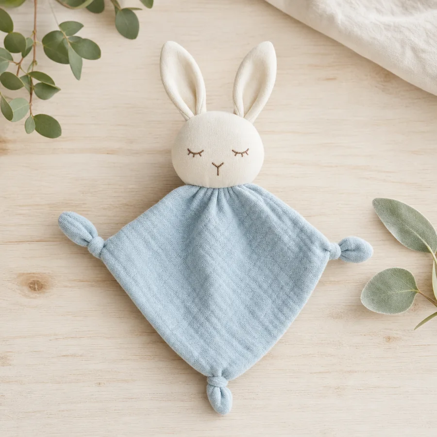 Doudou lapin en mousseline bleue et tissu crème