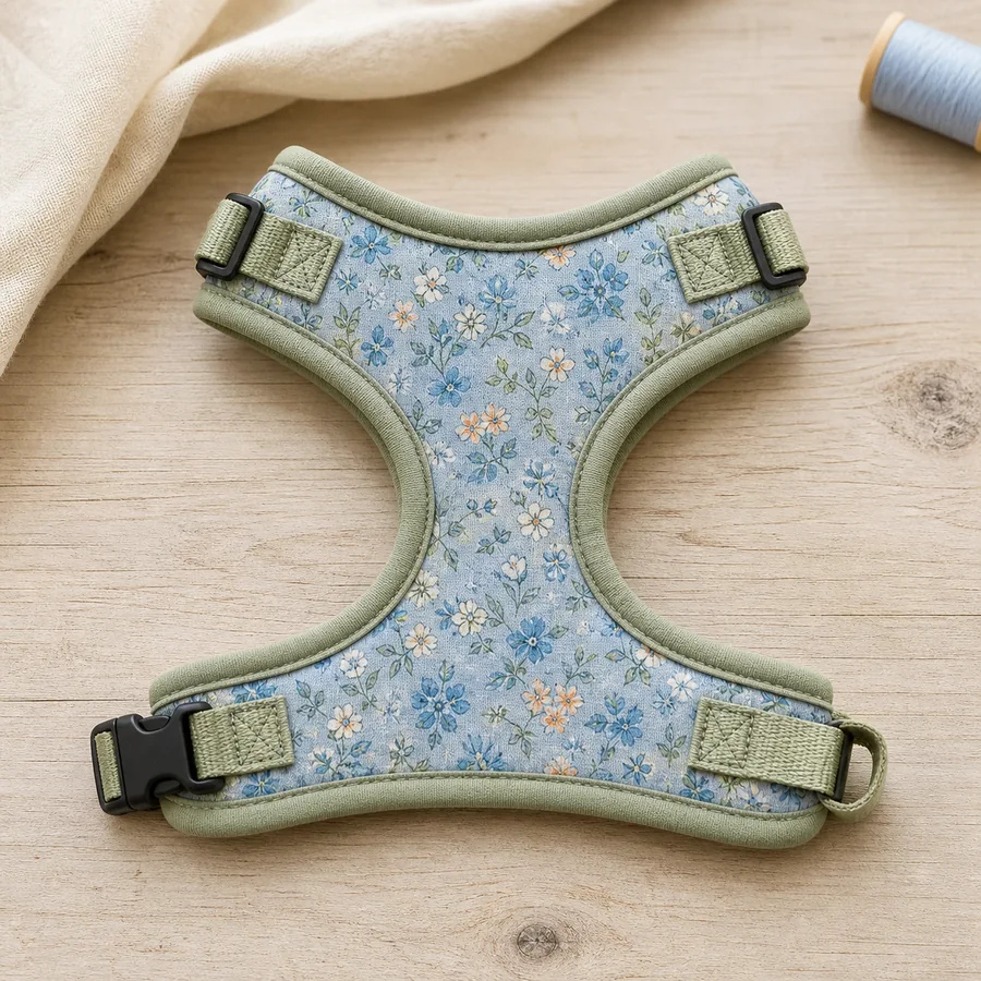 Harnais pour chien en tissu bleu et vert pastel