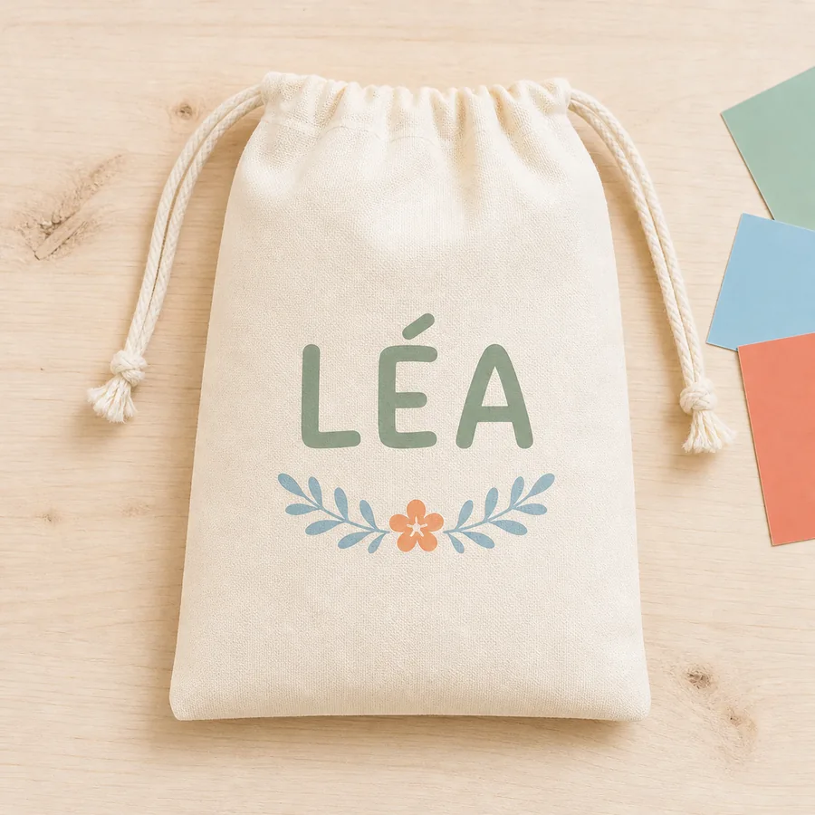Pochon crème personnalisé avec le prénom Léa et un motif floral