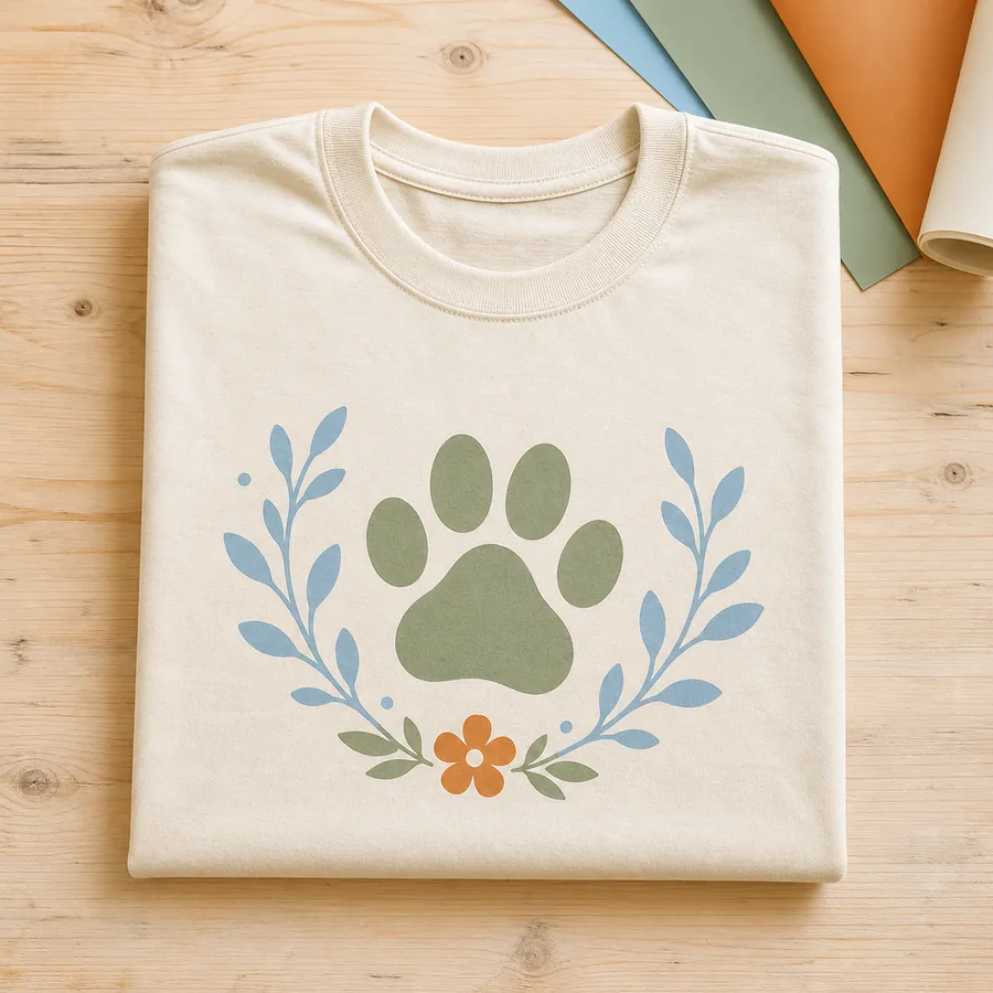T-shirt crème personnalisé avec une patte et des feuilles pastel