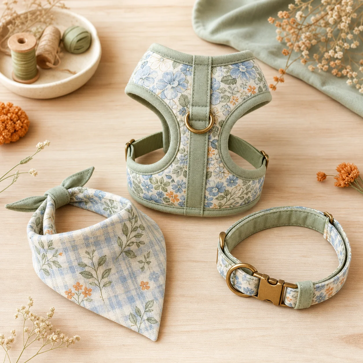 Bandana, harnais et collier en tissu fleuri