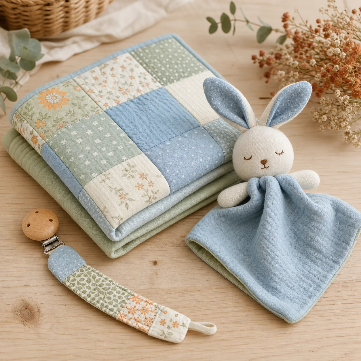 Couverture, doudou et attache tétine aux tons pastel